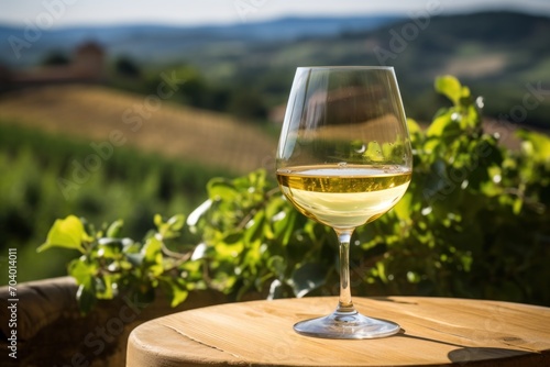  a glass of white wine sitting on top of a wooden table in front of a lush green hillside covered with trees and a lush green hillside in the distance is a.