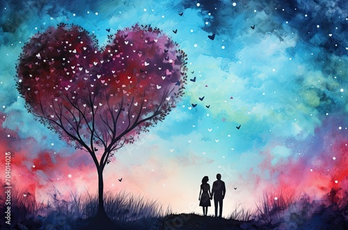 man and woman in love, blue anf red illustration with heart