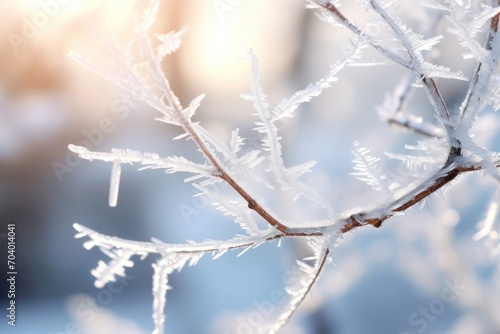  a close up of a tree branch with ice on it's branches and a blurry background of a building in the backgrould of the background.