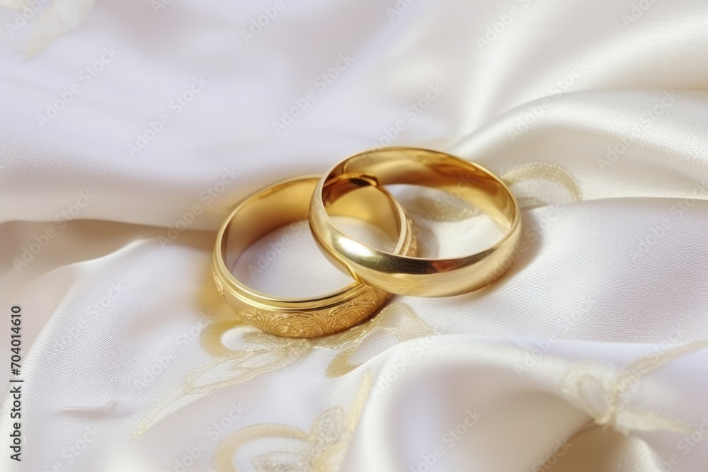 a close up of two wedding rings on a white satin background with a gold ring on top of one of the rings and a gold ring on the bottom of the ring. a close up of two wedding rings on a white satin background with a gold ring on top of one of the rings and a gold ring on the bottom of the ring.