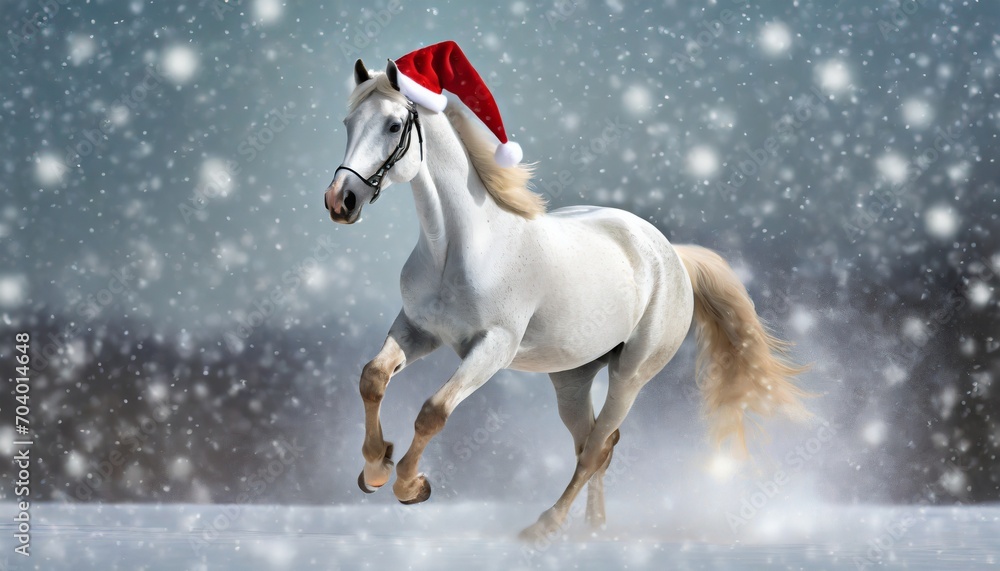 white christmas horse donning a santa hat playfully prancing in snowy grey background an adorable and festive animal portrait for holiday cheer