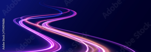 Light trail wave, fire path trace line, car lights, optic fiber and incandescence curve twirl. Rotating dynamic neon circle. Colored shiny sparks of spiral wave. 