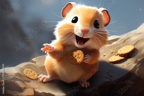 Cute happy cartoon hamster with cookies in his hands.Humorous meme