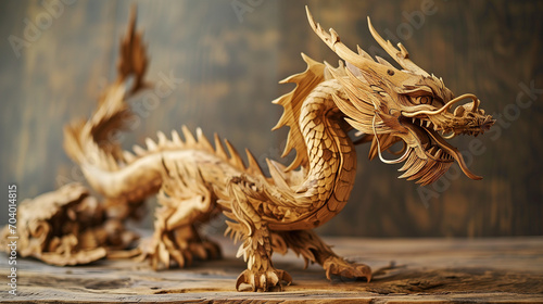 Symbolic elegance of a wooden dragon statue gracing a table, infusing the spirit of Chinese New Year into your surroundings photo