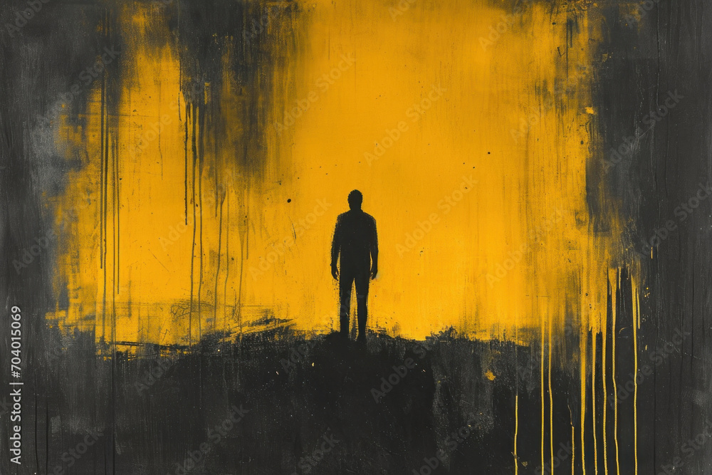 Silhouette of a dark lonely person, yellow background, thick ink texture, doom, desolation, darkness, emptiness - obrazy, fototapety, plakaty 