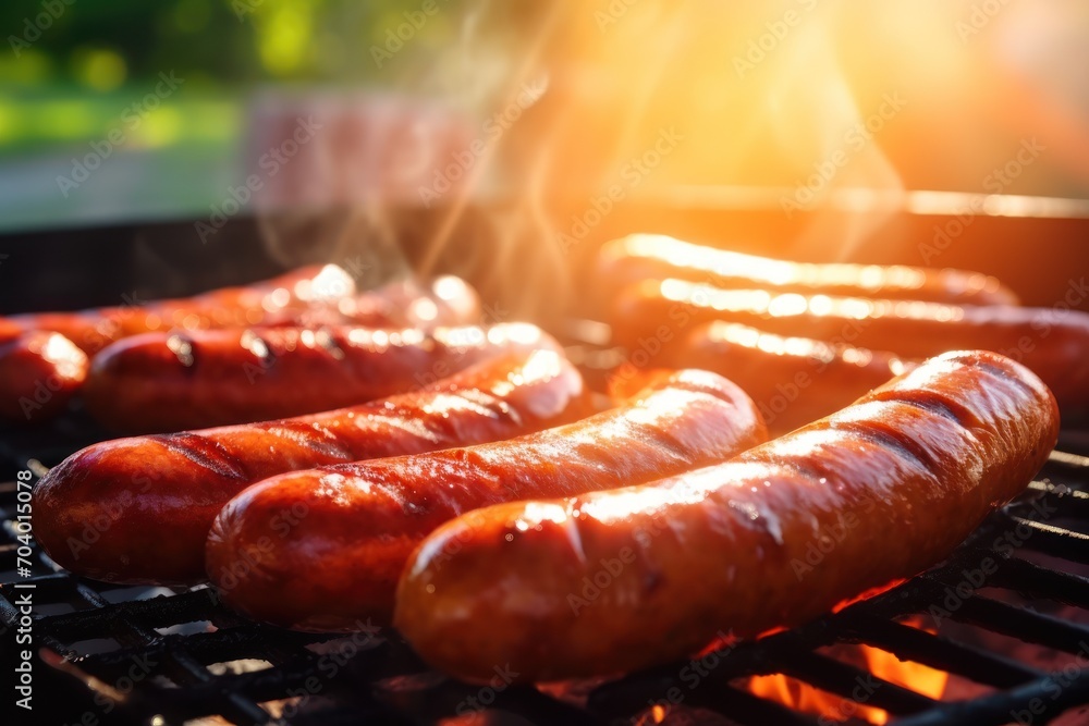  a close up of hot dogs on a grill with a lot of smoke coming out of the top of one of the hotdogs and the hot ones on the grill. - obrazy, fototapety, plakaty 