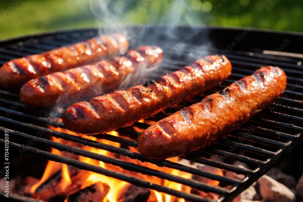  a close up of hot dogs on a grill with smoke coming out of the top and on the bottom of the hotdogs are hot dogs on the grill. - obrazy, fototapety, plakaty 