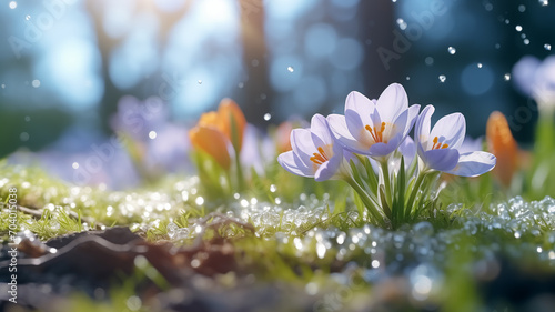 The beginning of Spring. New born flowers in the nature, melting snow around spring flowers, blooming season, sun, spring colors. Close up of blooming flower in nature in Spring.