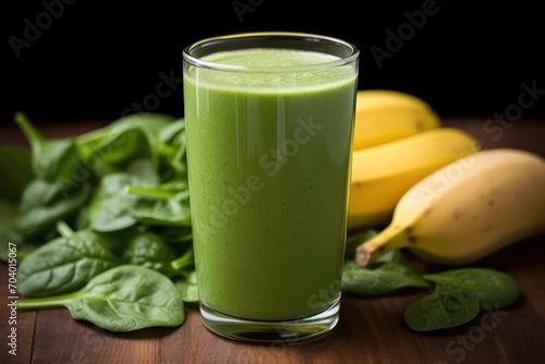  a glass of green smoothie next to a bunch of bananas and a bunch of spinach leaves on a wooden table with a banana and a banana in the background.