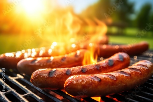  three hotdogs on a grill with a flame in the middle of the grill and a grassy area in the background with trees and grass in the foreground.