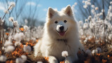Beautiful Samoyed sitting in the nature, melting snow around and spring flowers, blooming season, sun, spring colors. Close up of white Samoyed in nature in Spring.