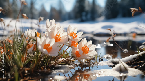 Wallpaper of Spring. New born flowers in the nature, melting snow around the river in the mountains, blooming season, sun, spring colors.