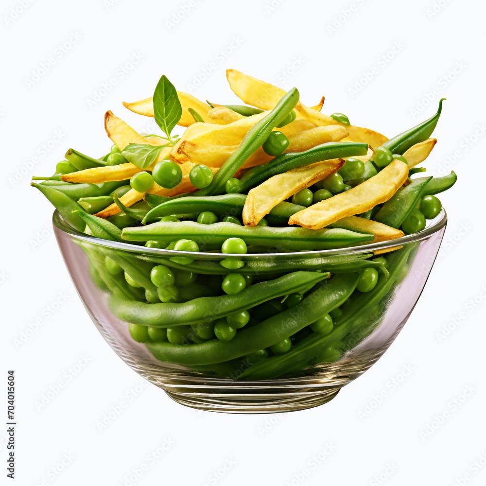 bowl of chips with green beans and a green vegetable on transparent background created with Generative Ai