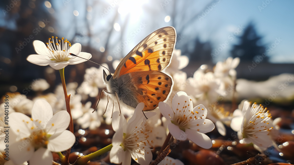 Obraz premium Butterfly on new born flower in the nature, melting snow around spring flowers, blooming season, sun, spring colors. Close up of butterfly on blooming flower in nature in Spring