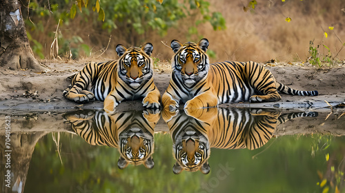 wild bengal tiger or panthera tigris tigris Siblings Reflection in water at bandhavgarh national park forest madhya pradesh india