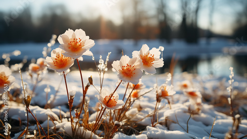 Wallpaper of Spring. New born flowers in the nature, melting snow around the river in the mountains, blooming season, sun, spring colors.