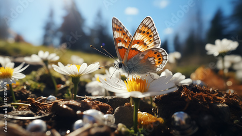 Butterfly on new born flower in the nature, melting snow around spring flowers, blooming season, sun, spring colors. Close up of butterfly on blooming flower in nature in Spring