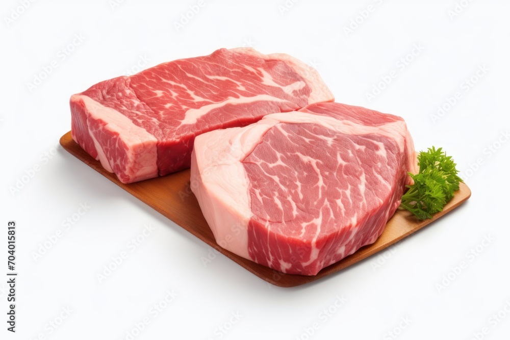  a couple of pieces of meat sitting on top of a cutting board next to a piece of parsley on top of a wooden cutting board on a white surface.