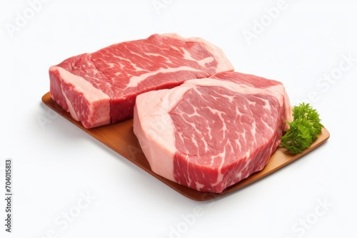  a couple of pieces of meat sitting on top of a cutting board next to a piece of parsley on top of a wooden cutting board on a white surface.