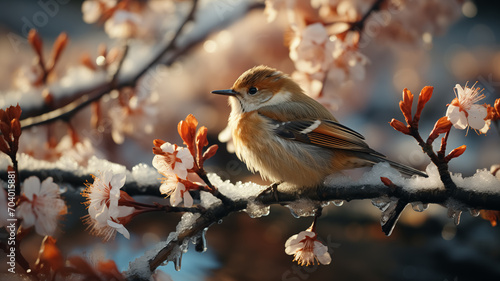 Close up of a Bird standing in the tree, sunset light and colors, surrounded with melting snow and spring flowers, blooming season, sun, spring colors.