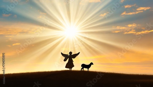 biblical christmas story traditional silhouette of a christmas angel and shepherd with lamb 3d render announcement of jesus birth in bethlehem by gabriel photo