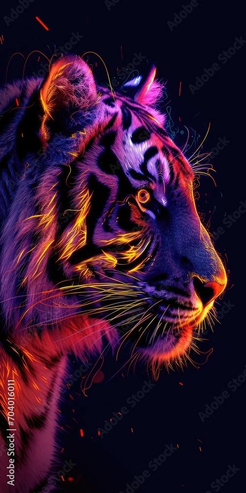 tiger traced in neon light, dynamic composition 