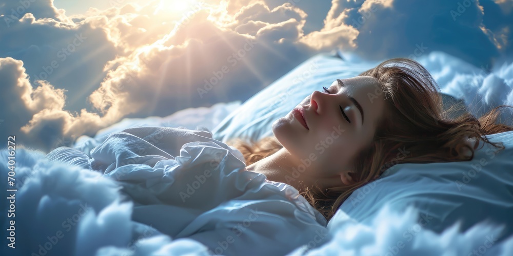 A beautiful young woman with a smile sleeps on a bed with a soft white dazzling blanket and pillows that float in the clouds - obrazy, fototapety, plakaty 