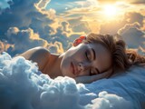 A beautiful young woman with a smile sleeps on a bed with a soft white dazzling blanket and pillows that float in the clouds