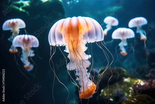  a group of jellyfish swimming in an aquarium with rocks and algaes in the water and a light shining on the bottom of the jellyfish's head.