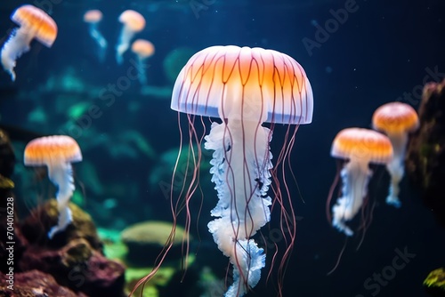  a group of jellyfish swimming in a tank at a marine life exhibit in a marine life exhibit at the san diego zoo, california, united states of america.