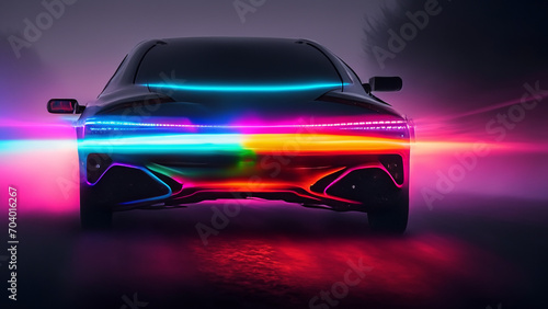 On a foggy night, colorful car headlights shine, the lights mix with each other and go fast. © unalcreative
