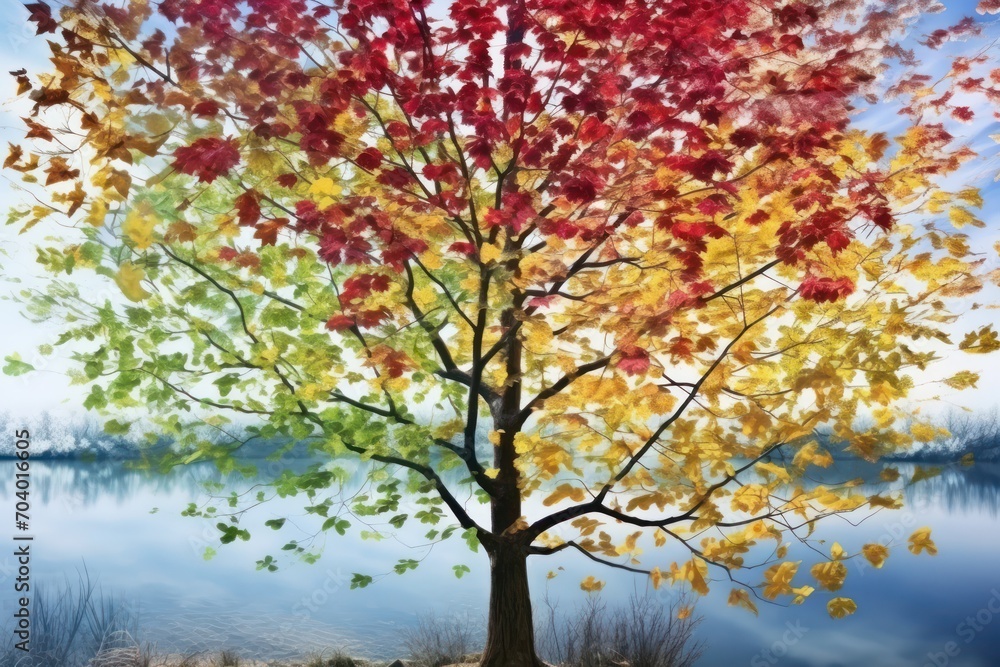  a painting of a colorful tree in front of a body of water with a blue sky in the background and a reflection of the tree in the water in the foreground.