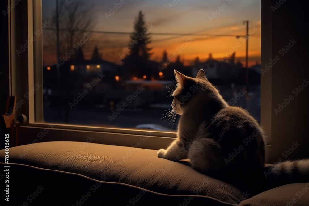  a cat sitting on top of a pillow looking out of a window at the sun setting in the sky over a city with buildings and a parking lot in the distance.