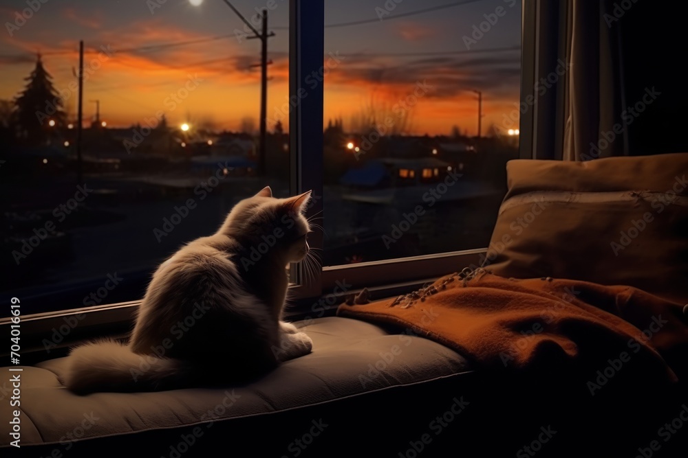 a cat sitting on a window sill looking out the window at a city at ...