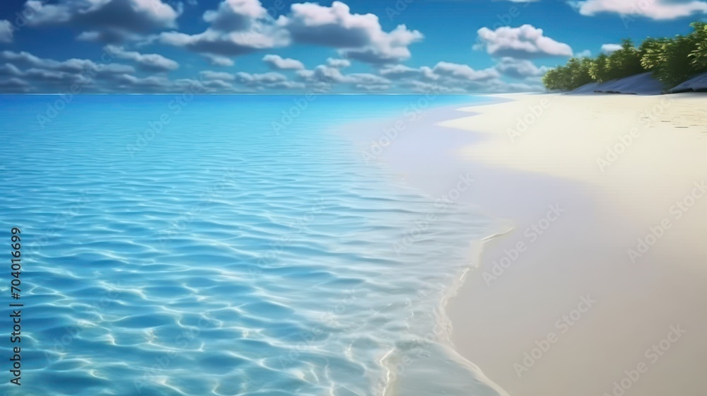  a painting of a beach with clear blue water and trees on the shore of a beach with white sand and blue skies with white clouds and blue water and white sand.
