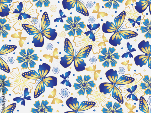 Vector spring seamless pattern with flying blue and golden gradient butterflies on white
