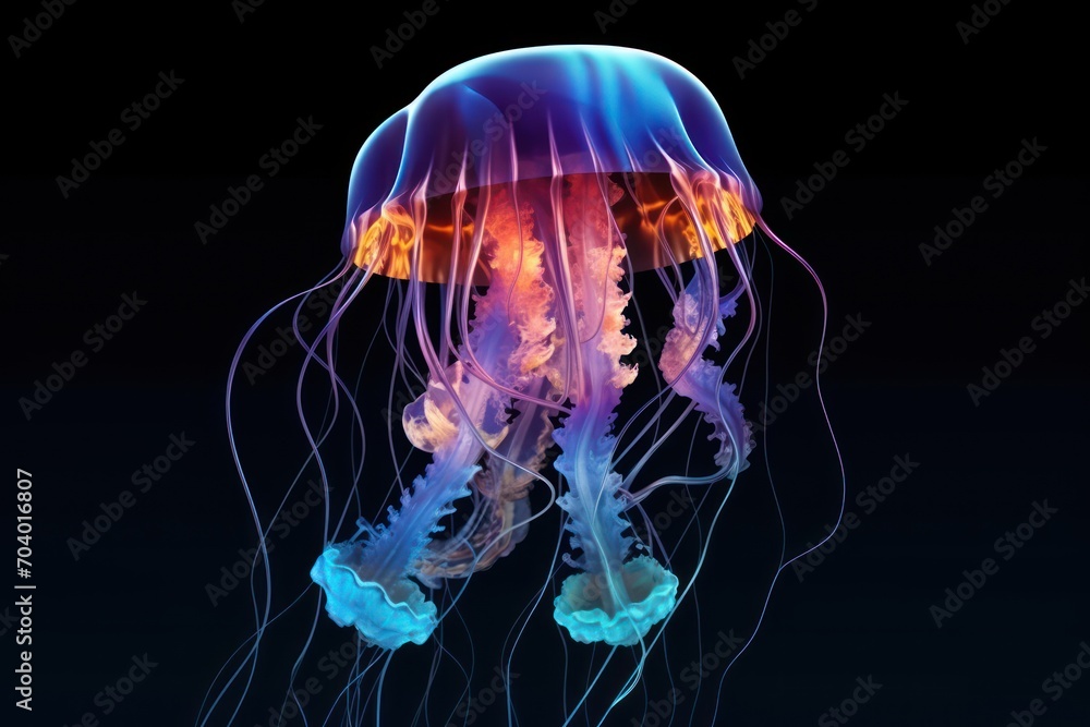  a close up of a jellyfish's head on a black background with a blue and red light coming from the top of the jellyfish's head.