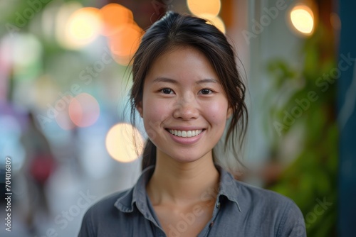 Asian woman with an infectious smile and friendly aura