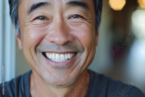 Close-up of a cheerful Asian man with an infectious smile.
