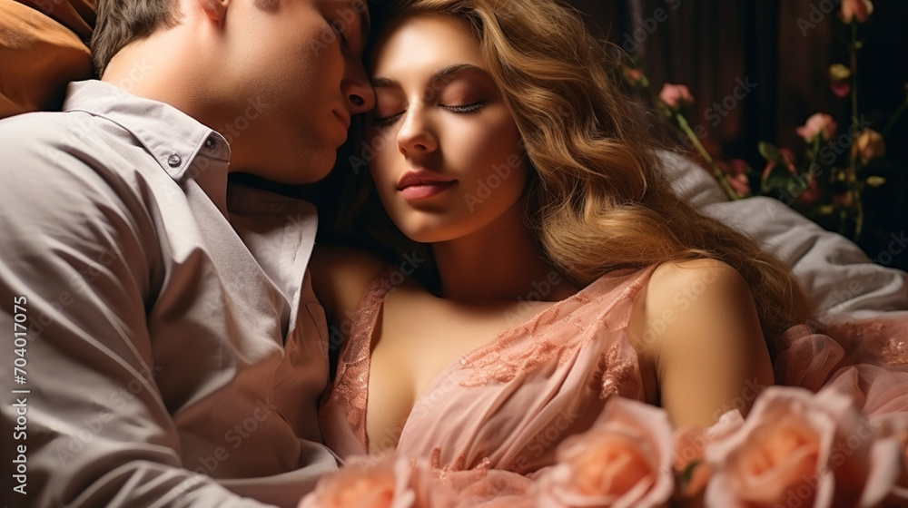 Kisses in Bed. Bedtime Love Story. Couple in White Bed Kisses in Bed. Bedtime Love Story. Couple in White Bed