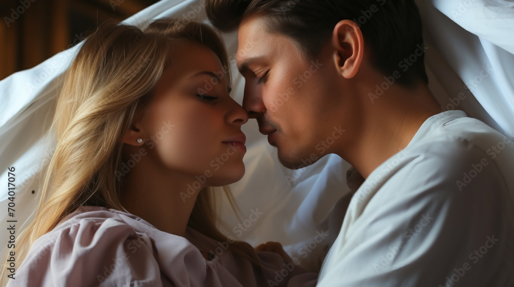Kisses in Bed.  Bedtime Love Story.  Couple in White Bed