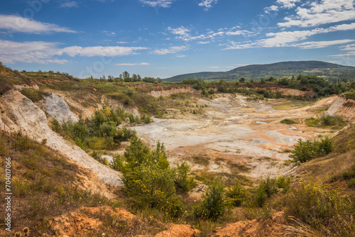 Old closed quarry. Puddles in an old quarry. Trees growing over geological structures of hercynian orogeny inside of old closed quarry in mountains in Ukraine