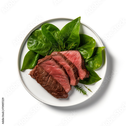 plate of beef on a green leaf with transparent background created with Generative Ai