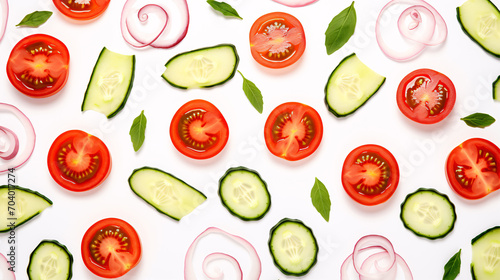 A flat lay of tomato, onion, cucumber, and basil on a white background forms a creative pattern for a food concept banner.