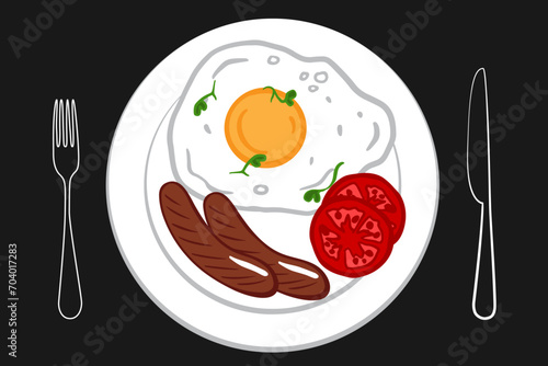 Scrambled egg in a frying pan with knife, fork. Fried egg, sausages, tomato on plate. Vector hand drawn doodle illustration on black background. chalkboard effect for menu cafe, restaurant, poster