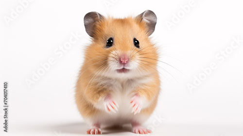 A winsome Roborovski hamster sidelongly stands isolated on a bright background.
