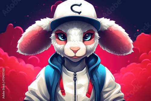  a white rabbit wearing a baseball cap and a blue and white jacket with the letter s on it's chest, standing in front of a dark background of red clouds. photo