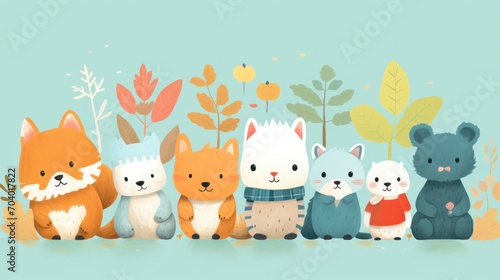  a group of stuffed animals standing next to each other in front of a blue background with orange and green leaves on the top of each one of the bears's head.
