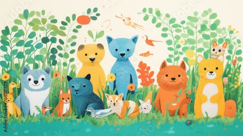  a painting of a group of cats and dogs in a field of grass and flowers with a bird in the sky and a bird on the ground in the background.