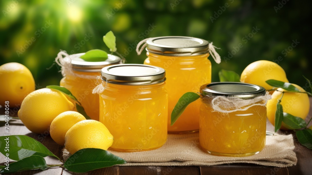 a table topped with jars of lemonade next to lemons and a bunch of lemons on top of a wooden table with green leaves and a white cloth. a table topped with jars of lemonade next to lemons and a bunch of lemons on top of a wooden table with green leaves and a white cloth.